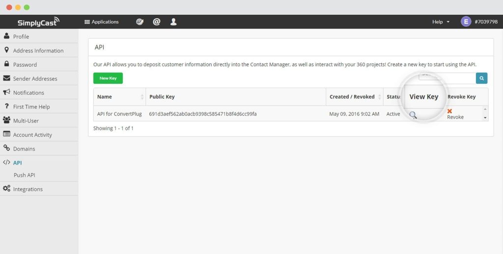 View ecret Key in Simplycast